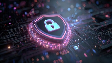 Digital Shield with Padlock Icon and Circuit Board Background for Cybersecurity and Protection Concepts