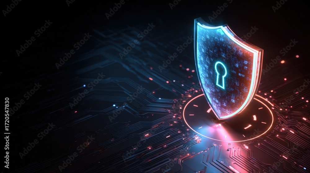 Poster futuristic digital shield with lock icon representing cybersecurity and data protection in a high-te