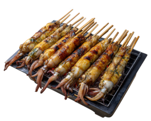 Grilled squid skewers seafood barbecue on metal grill, smoky and delicious, perfect for street food, party, or summer picnic, with charred marks and appetizing aroma