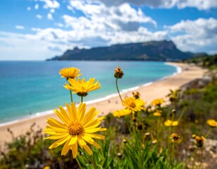 Bright yellow flowers bloom near a beach