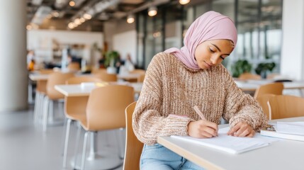 Student writing focused in modern study space university library education environment indoor concentration