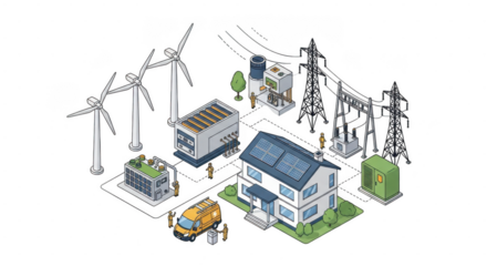 An isometric illustration depicts a sustainable energy system with wind turbines, solar panels on a house, and electrical infrastructure isolated on transparent background