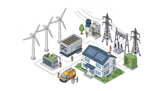 An isometric illustration depicts a sustainable energy system with wind turbines, solar panels on a house, and electrical infrastructure isolated on transparent background