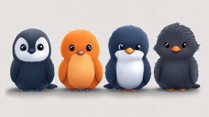 Fototapeta premium Cute Cartoon Penguin And Bird Chicks Illustration
