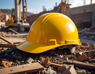 Bright yellow hard hat on construction debris