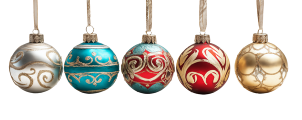 Five ornate Christmas baubles hang against a transparent and white background, each featuring unique gold swirl designs, concept for holiday decorations, seasonal greetings and festive backgrounds