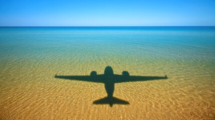 Airplane shadow projected on clear shallow ocean water.