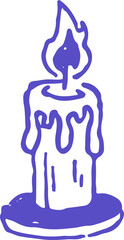 A simple purple line art drawing of a lit candle with dripping wax on a round base.