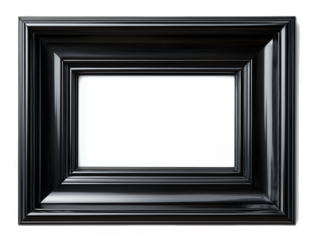 Glossy black frame with blank white space inside against a transparent and white background, concept for photo presentation, art display and certificate framing