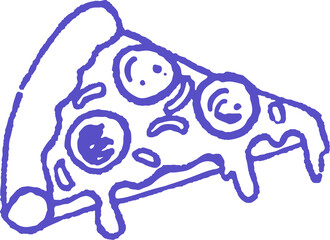 A hand-drawn illustration of a slice of pizza with melted cheese dripping down.