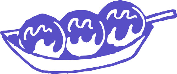 Simple hand-drawn illustration of three round food items, possibly dango or mochi, with wavy toppings, served on a stick or in a dish.