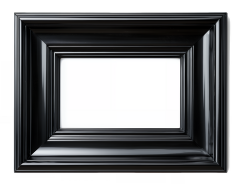 Glossy black frame with blank white space inside against a transparent and white background, concept for photo presentation, art display and certificate framing