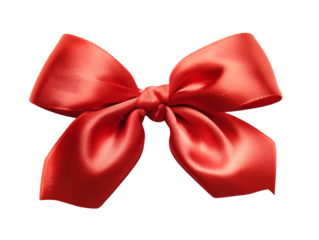 Satin red bow isolated on a transparent and white background reflecting light and shadows attractively. Concept for holiday decoration, luxury packaging and festive celebration