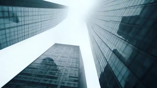 Bottom view of high rise buildings with glass windows and the cloudy foggy sky. Action. Beautiful modern skyscrapers in a city business district.