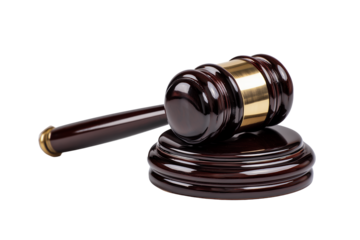 A wooden judge gavel and sound block stand on a transparent and white background with golden detail, concept for legal proceedings, law enforcement and court rulings