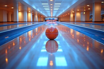 Orange Bowling Ball on Gleaming Lane, Pins and Hallway in Background, Recreation Sport