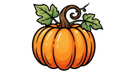 A cartoon illustration of a bright orange pumpkin with green leaves and a curly stem, isolated on a transparent background