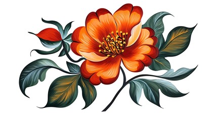 Orange Floral Pattern, Detailed Petals, Green Leafy Stems on a White Background