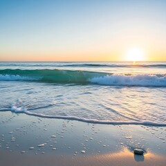 Tranquil ocean waves gently wash ashore at sunset, creating a peaceful and serene beach scene.
