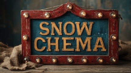 A rustic sign with the words snow chema illuminated by light bulbs.