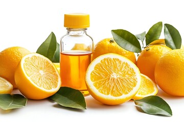 Orange Oil Bottle, Cut Citrus Fruits and Green Leaves Isolated on White Background