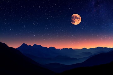 Orange Moon Over Dark Blue Mountain Range With Many Stars In Deep Night Sky View