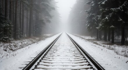 Snow Covered Railway Tracks Through a Misty Forest.