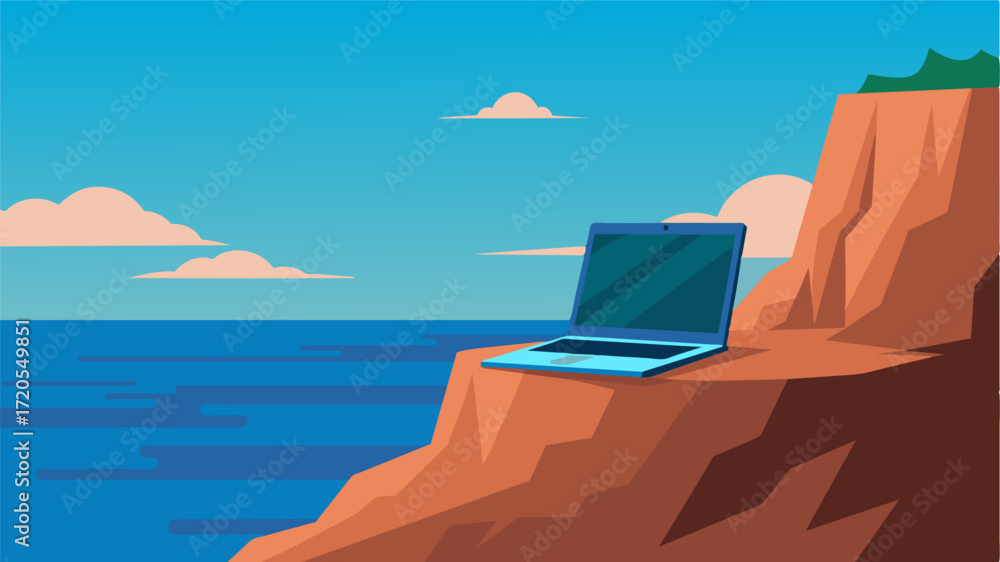 Poster a laptop stands alone on the edge of a cliff its screen displaying an image of the same breathtaking