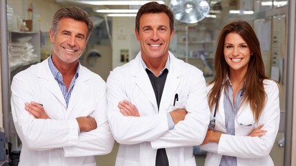Fototapeta premium Healthcare professionals collaborate in modern medical facility laboratory group portrait bright environment professional concept
