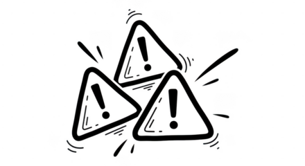 Three handdrawn black warning triangles with exclamation marks are scattered and radiating energy on a transparent background