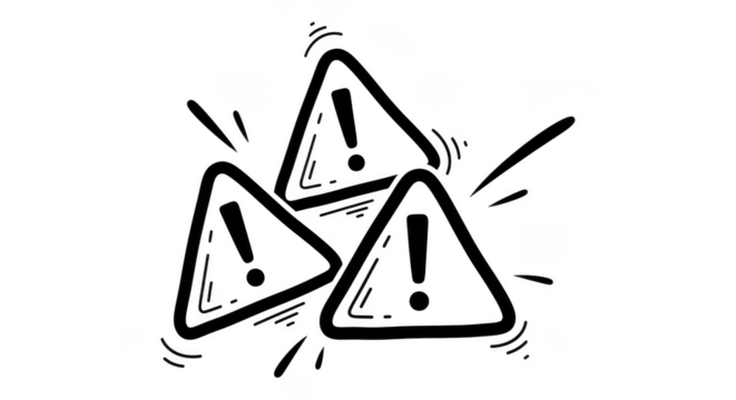 Three handdrawn black warning triangles with exclamation marks are scattered and radiating energy on a transparent background