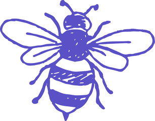 Stylized illustration of a bee, purple, hand-drawn style.
