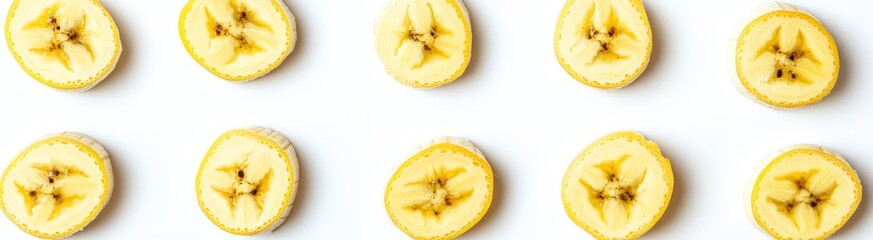 Sliced bananas arranged in rows on white background.