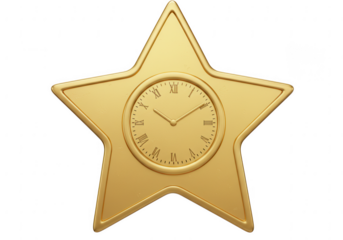Golden star shaped clock with roman numerals displaying time on a transparent background isolated on transparent background