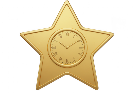 Golden star shaped clock with roman numerals displaying time on a transparent background isolated on transparent background