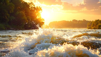 Golden Hour River Rapids Majestic Sunlight