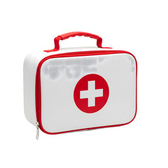 Obraz premium White first aid kit box with red cross symbol and handle, portable medical emergency case for healthcare, safety, and travel use, isolated on white background