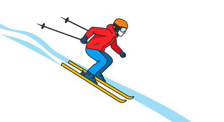 Fototapeta premium Skier descending a snowy slope, depicted in a simple, colorful line art style.