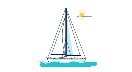 A sailboat glides across the water under a bright sun, with its sails catching the breeze.