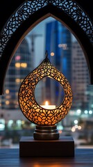 Ornamental Holder with Intricate Cutout Design and Glowing on Wooden Stand