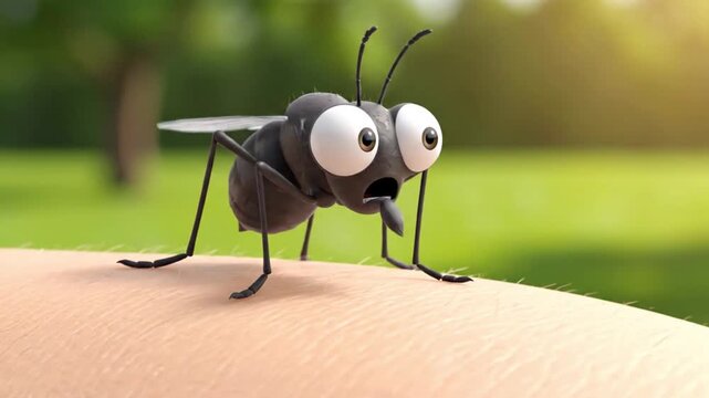 Close-up of a cartoon fly with large eyes perched on human skin in a sunny outdoor setting with blurred green background.