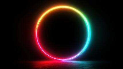 Colorful neon circle glows on a dark reflective surface. Ideal for technology, future, portal, or science concepts.