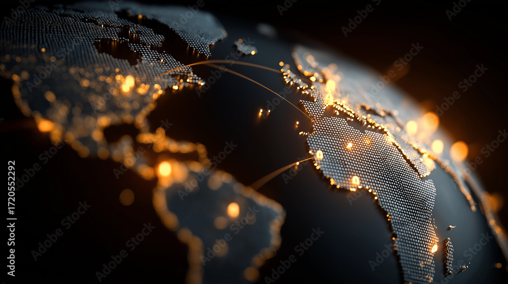 Poster global network illuminated: the earth glows with interconnected networks, showcasing the seamless fl