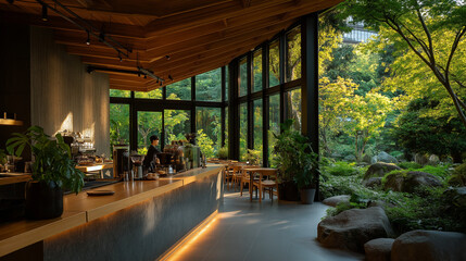 Fototapeta premium Serene Cafe with Lush Garden View: A minimalist cafe interior, seamlessly merging with an enchanting outdoor scene, boasting panoramic windows that frame a tranquil garden.