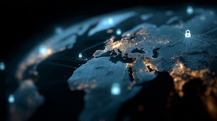 Global Network Security: Abstract representation of a secure digital world, where interconnectedness and the safeguarding of data are paramount, highlighting the importance of protection.