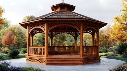 Ornate Brown Wood Gazebo Structure with Roof Shingles in Autumnal Scenic Environment
