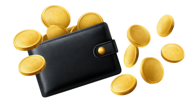 Black leather wallet with gold coins spilling out, symbolizing wealth, savings, and financial management, isolated on transparency background, with realistic and vibrant style