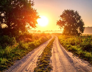 A sunlit country road disappearing into a misty sunrise