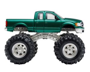Green off road toy truck, miniature vehicle, large black tires, lifted suspension, shiny metallic finish, isolated on transparency background, playful and fun design