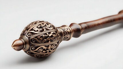 Ornate Brown Wooden Mace with Intricate Gold Designs on White Background Surface
